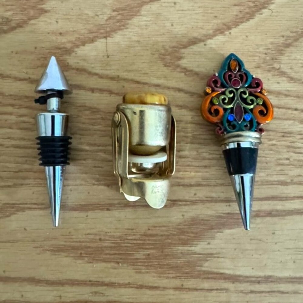 3 Vtg. Wine Stoppers- Varied designs, Austrian Crystal, Approx. 3-4 Inches
